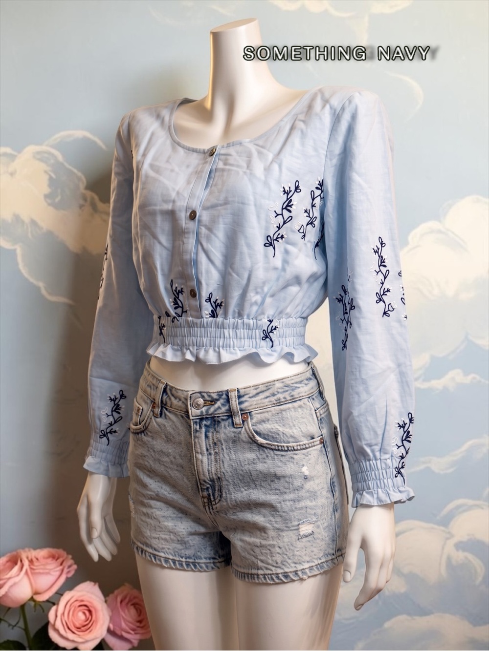 NWT Something Navy Cropped Embroidered Long Sleeve Top Blue Floral Size Small